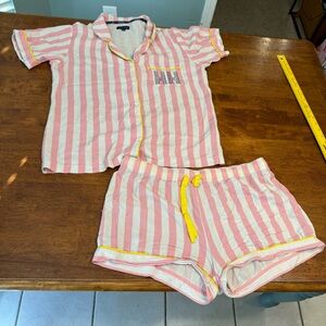 Katie Kime Retro Stripe Pink White Pajama Set Yellow HH on pocket size medium